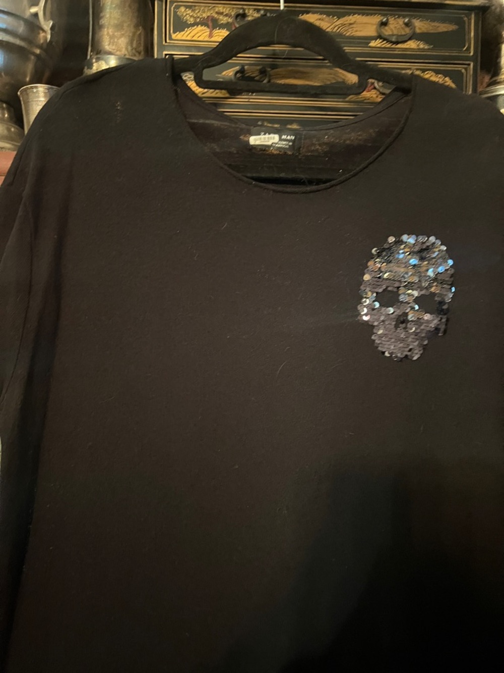 Zara Black Sequin Skull T-Shirt